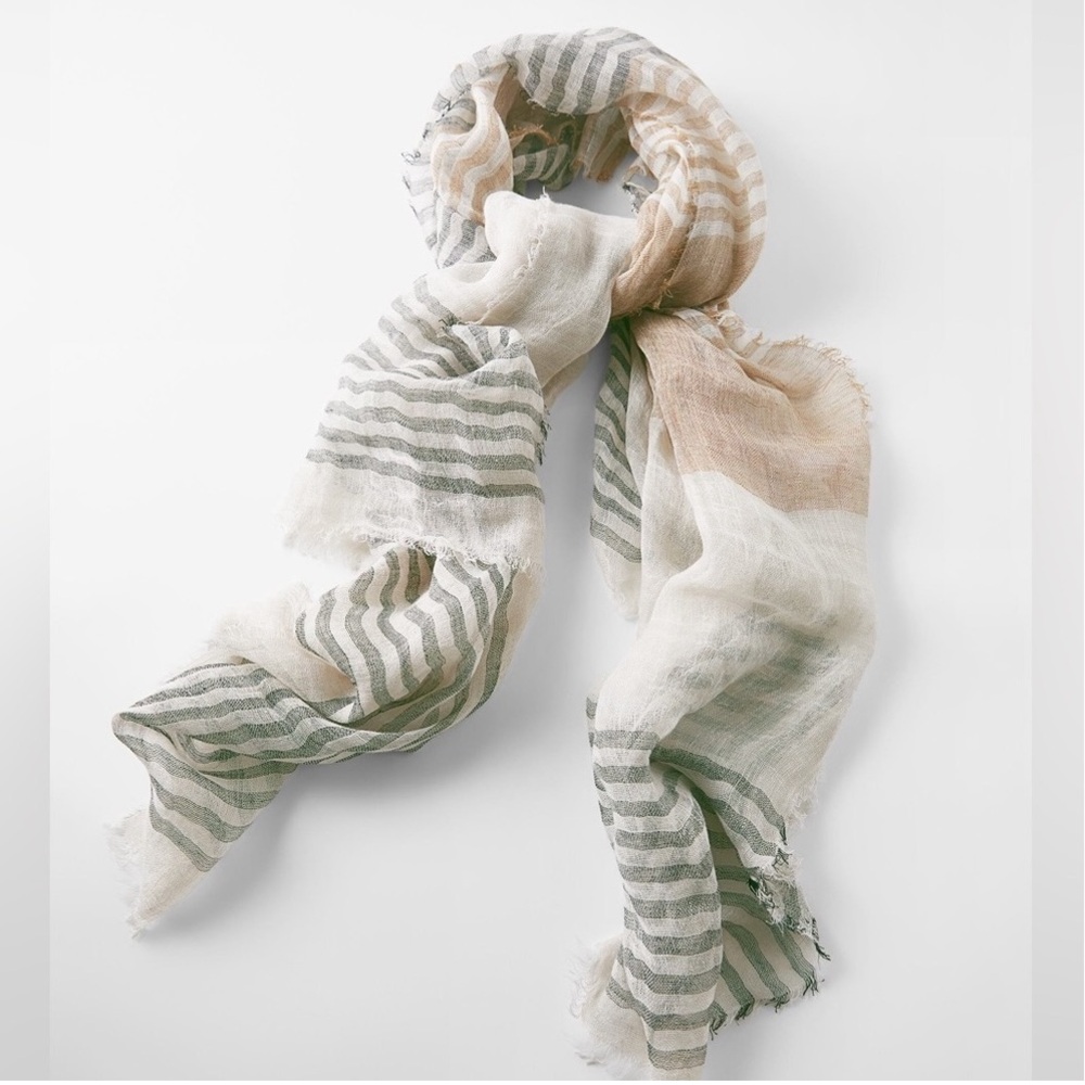 🤍 Zara Cream & Gray 100% Linen Striped Scarf